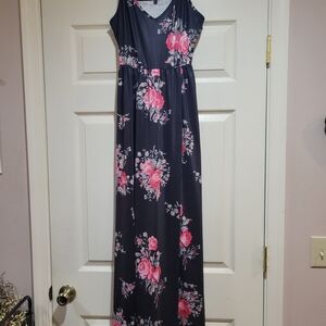 Floral Maxi Dress with Pink and Black Design And Open Back